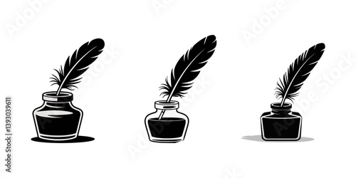 Vector black inkwell icons set, quill ink pen hand drawn sketch vector, Feather and Ink Icon Square Button Set, set of black and whitefeather pen in inkwell icon, Quill writing vector icon set.