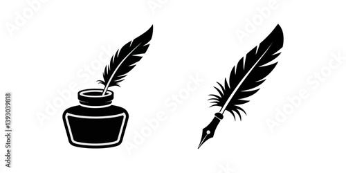 Vector black inkwell icons set, quill ink pen hand drawn sketch vector, Feather and Ink Icon Square Button Set, set of black and whitefeather pen in inkwell icon, Quill writing vector icon set.
