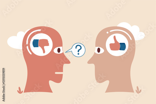 Perception process to interpret information, thought or opinion depend on personality or perspective, difference bias or illusion concept, human head looking at object with difference perception.