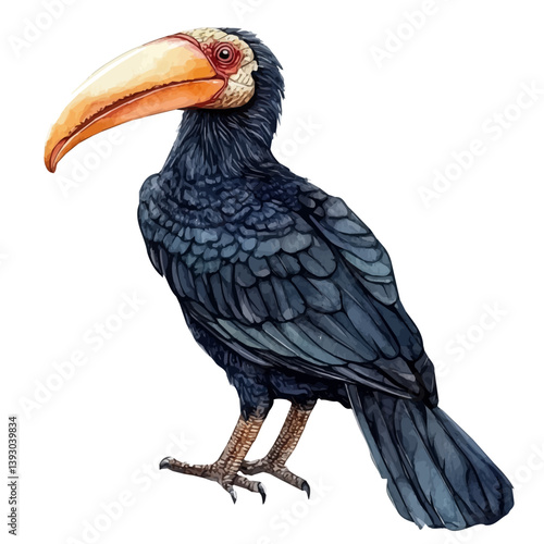 Rhinoceros hornbill, watercolor illustration, isolated on a white background.

