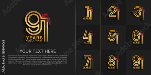 Anniversary logo style double line number set. gold color and red ribbon for celebration event