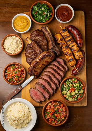 Mesa de churrasco variado com carnes nobres, saladas e acompanhamentos típicos do Brasil