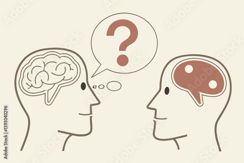Perception process to interpret information, thought or opinion depend on personality or perspective, difference bias or illusion concept, human head looking at object with difference perception.