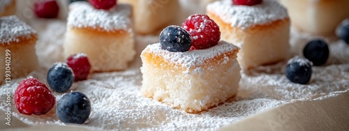 Realistic pile of mini angel food cake bites dusted with powdered sugar, some topped with fresh berries, airy white texture.