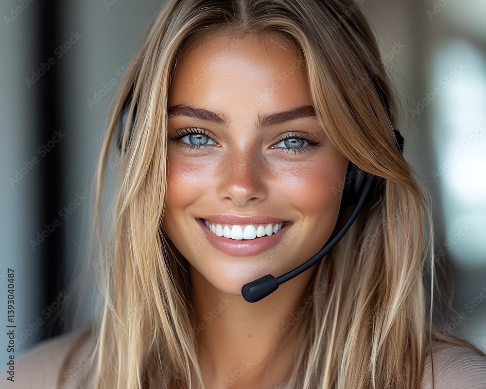 Woman with headset smiles indoors Woman with headset smiles indoors