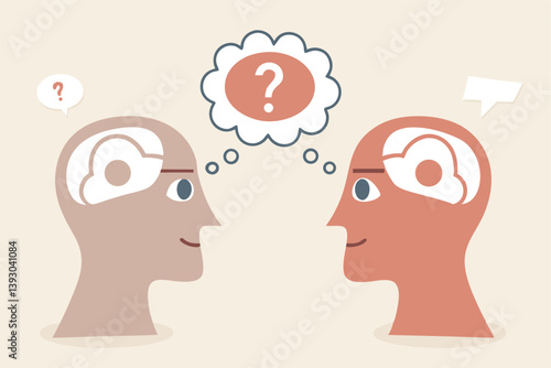 Perception process to interpret information, thought or opinion depend on personality or perspective, difference bias or illusion concept, human head looking at object with difference perception.