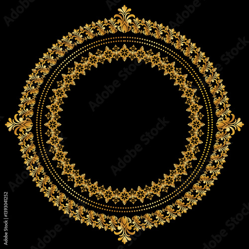 Damask Gold Round Wreath circular round ornament floral Abstract pattern, Classic Victorian traditional style, illustration Vintage Design, Floral frames, Mandala, Antique, Moroccan frame