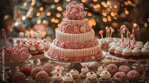  Candyland-themed cake, whimsical table features candy canes, fondant treats, gummy decor and multi-tiered frosting fantasy