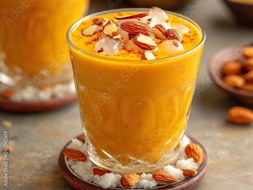 Close-up of saffron-infused sweet lassi, topped with almonds and crushed ice, on a glass coaster.