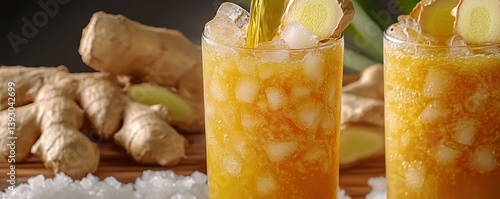 Close-up shot of sugarcane juice being poured into a tall glass with crushed ice and ginger slices.