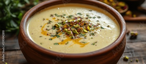 Creamy sweet lassi in a clay pot, garnished with saffron strands and crushed pistachios.
