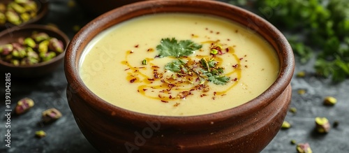 Creamy sweet lassi in a clay pot, garnished with saffron strands and crushed pistachios.