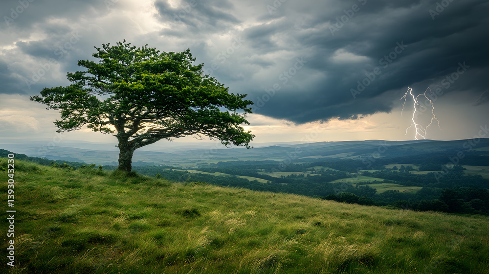 A solitary tree stands on a grassy hill, silhouetted against an ominous storm cloud and lightning strikes in the distance, nature's power and resilience on display. A solitary tree stands on a grassy hill, silhouetted against an ominous storm cloud and lightning strikes in the distance, nature's power and resilience on display.