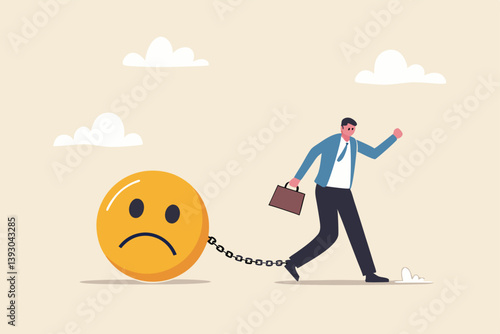 Stressed burden, anxiety or negative thinking, anger or emotional causing problem, mental health or depression, overworked or overwhelmed concept, depressed businessman chain with sad face burden.