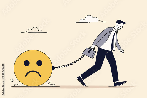 Stressed burden, anxiety or negative thinking, anger or emotional causing problem, mental health or depression, overworked or overwhelmed concept, depressed businessman chain with sad face burden.