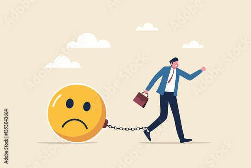 Stressed burden, anxiety or negative thinking, anger or emotional causing problem, mental health or depression, overworked or overwhelmed concept, depressed businessman chain with sad face burden.