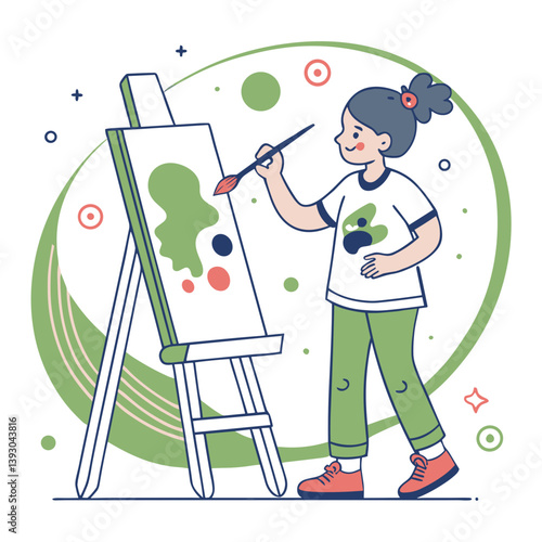 Girl painting on canvas creatively in a colorful environment filled with splashes and patterns. The concept of creativity and self-expression