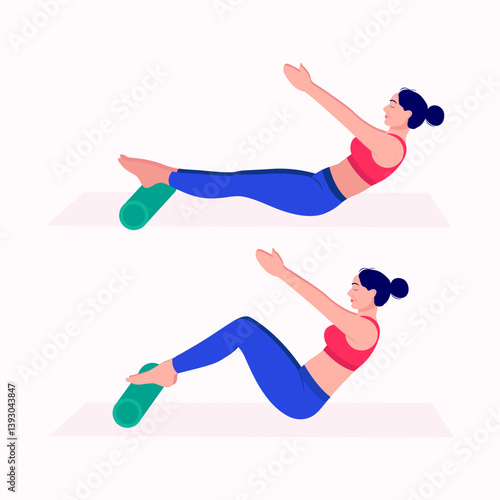 Foam Roller Workout. women exercise vector set. Women doing fitness and yoga exercises with Foam Roller. 