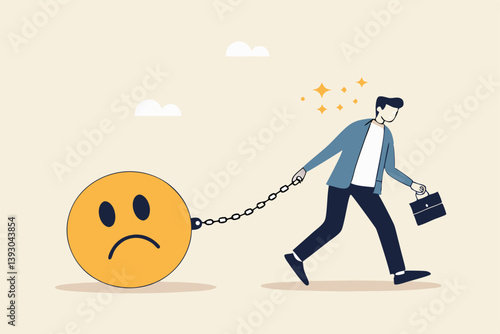 Stressed burden, anxiety or negative thinking, anger or emotional causing problem, mental health or depression, overworked or overwhelmed concept, depressed businessman chain with sad face burden.