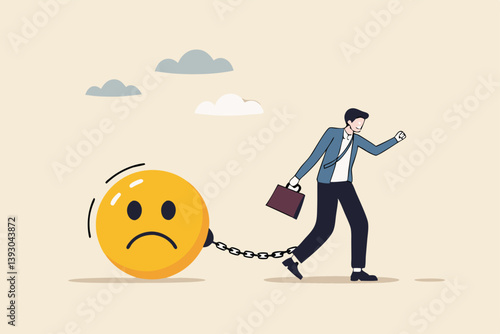 Stressed burden, anxiety or negative thinking, anger or emotional causing problem, mental health or depression, overworked or overwhelmed concept, depressed businessman chain with sad face burden.