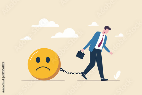 Stressed burden, anxiety or negative thinking, anger or emotional causing problem, mental health or depression, overworked or overwhelmed concept, depressed businessman chain with sad face burden.