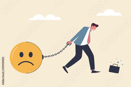 Stressed burden, anxiety or negative thinking, anger or emotional causing problem, mental health or depression, overworked or overwhelmed concept, depressed businessman chain with sad face burden.