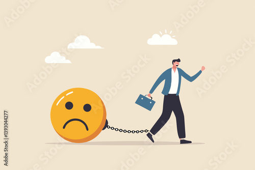 Stressed burden, anxiety or negative thinking, anger or emotional causing problem, mental health or depression, overworked or overwhelmed concept, depressed businessman chain with sad face burden.
