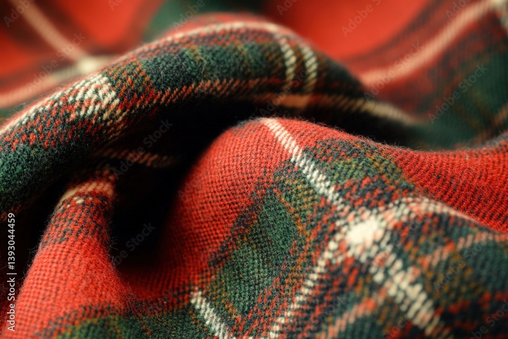 Close-up of red, green, and cream tartan wool fabric with soft folds and rich texture Close-up of red, green, and cream tartan wool fabric with soft folds and rich texture