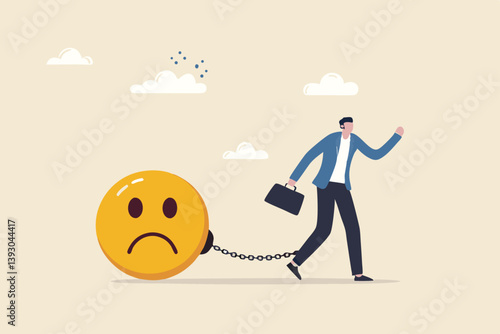 Stressed burden, anxiety or negative thinking, anger or emotional causing problem, mental health or depression, overworked or overwhelmed concept, depressed businessman chain with sad face burden.