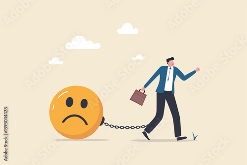 Stressed burden, anxiety or negative thinking, anger or emotional causing problem, mental health or depression, overworked or overwhelmed concept, depressed businessman chain with sad face burden.