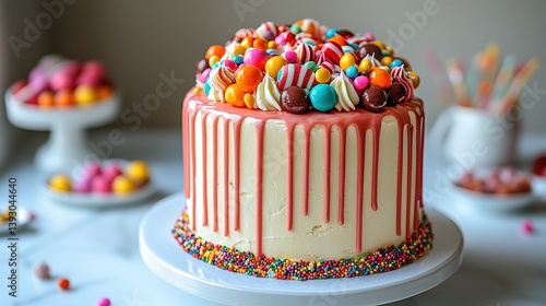  Candy drip cake with rainbow sprinkles, colorful icing drips down white buttercream, table bright with celebration energy
