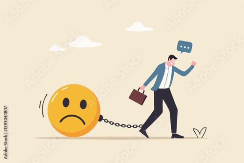 Stressed burden, anxiety or negative thinking, anger or emotional causing problem, mental health or depression, overworked or overwhelmed concept, depressed businessman chain with sad face burden.