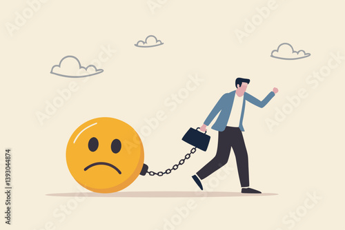 Stressed burden, anxiety or negative thinking, anger or emotional causing problem, mental health or depression, overworked or overwhelmed concept, depressed businessman chain with sad face burden.