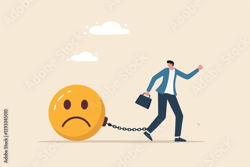 Stressed burden, anxiety or negative thinking, anger or emotional causing problem, mental health or depression, overworked or overwhelmed concept, depressed businessman chain with sad face burden.
