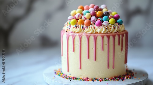  Candy drip cake with rainbow sprinkles, colorful icing drips down white buttercream, table bright with celebration energy