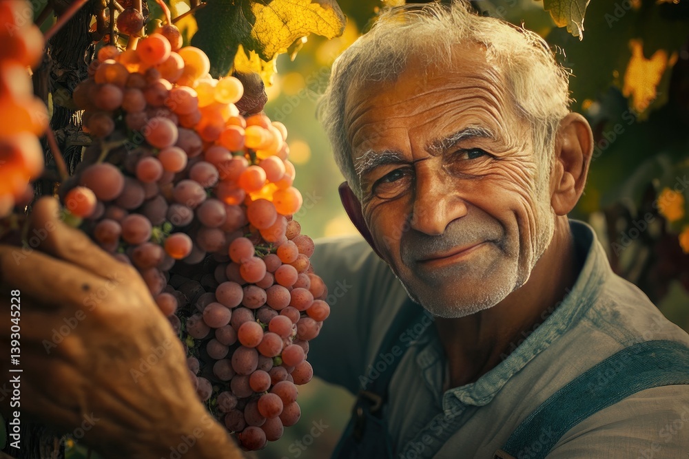 Obraz premium Elderly grape farmer inspecting a bountiful harvest