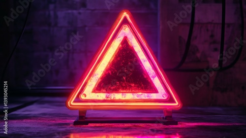 Neon warning sign in a triangular shape glowing in vibrant pink light