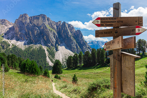 Signpost in front of the Cir group in Dolomites. South Tyrol, Italy