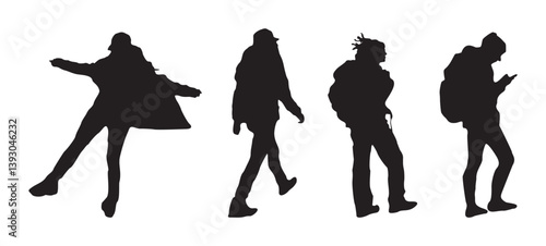 Set of black silhouettes of different people, men, women hiking, walking with backpacks. Concept of adventure and travel. Flat vector illustrations isolated on transparent background