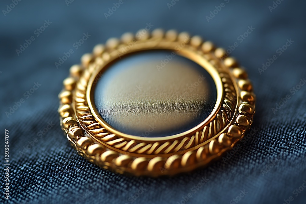 An intricate golden brooch rests on a textured dark fabric surface An intricate golden brooch rests on a textured dark fabric surface