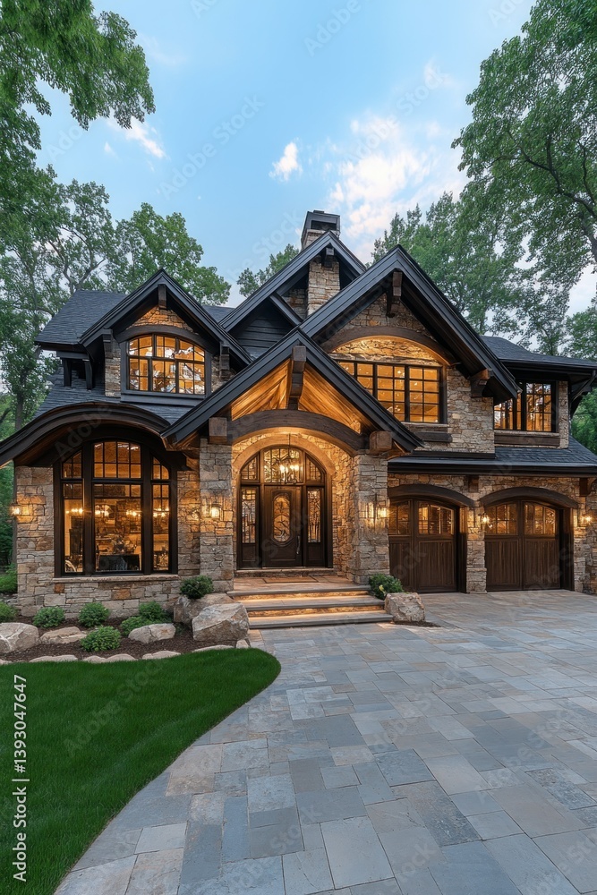 Luxurious modern farmhouse exterior at dusk Luxurious modern farmhouse exterior at dusk