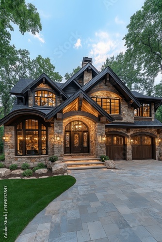 Luxurious modern farmhouse exterior at dusk