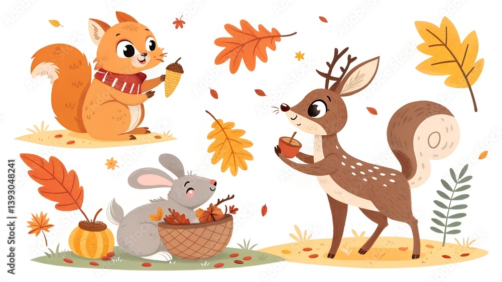Obraz premium cartoon autumn animals collection