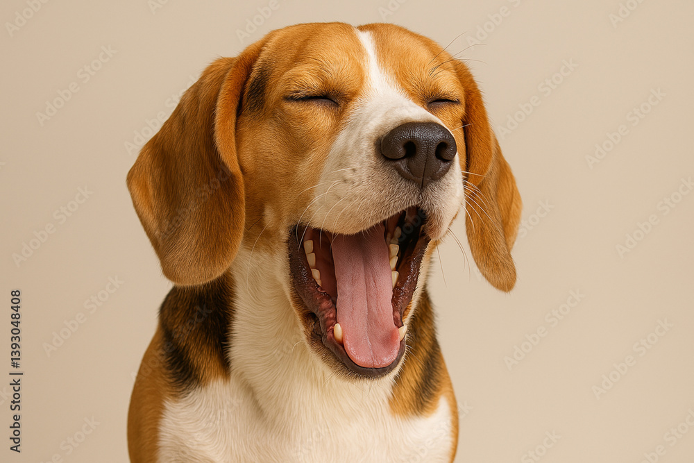 Adorable Yawning Beagle Portrait: Close-Up of a Cute Tricolor Beagle Dog with Eyes Closed and Mouth Wide Open, Expressing Sleepiness or Amusement Adorable Yawning Beagle Portrait: Close-Up of a Cute Tricolor Beagle Dog with Eyes Closed and Mouth Wide Open, Expressing Sleepiness or Amusement