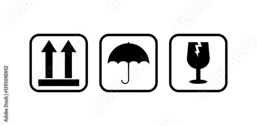 Three black and white shipping symbols indicating to keep upright dry and handle with care symbols. Common packaging & warning symbols.