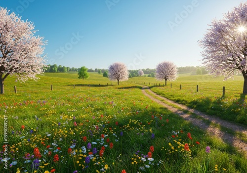 Scenic view of a blooming meadow with colorful flowers and cherry blossom trees under a blue sky