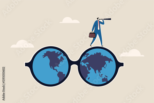 Global or world business vision, international business opportunity, searching for job, career or working abroad concept, businessman look through telescope on eyeglasses with world map.