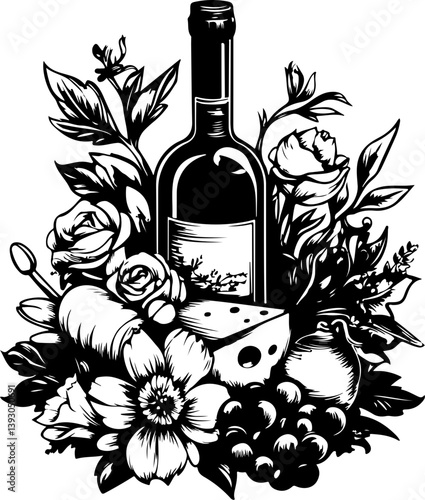 wine and cheese, vector, wine, bottle, illustration, design, vintage, art, drink, icon, symbol, alcohol, cartoon, glass, vine, label, food, nature, drawing, decoration