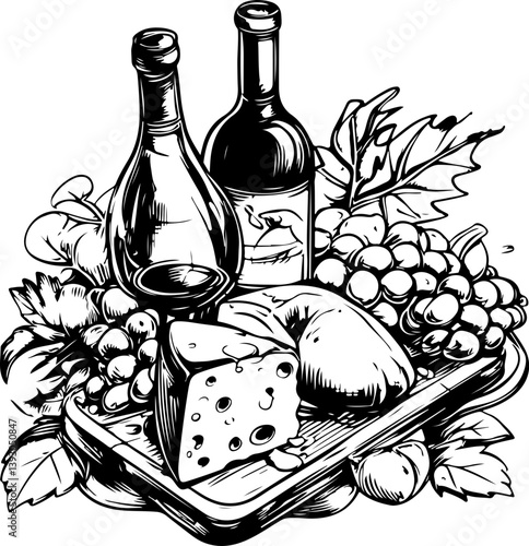 wine and cheese, vector, wine, bottle, illustration, design, vintage, art, drink, icon, symbol, alcohol, cartoon, glass, vine, label, food, nature, drawing, decoration