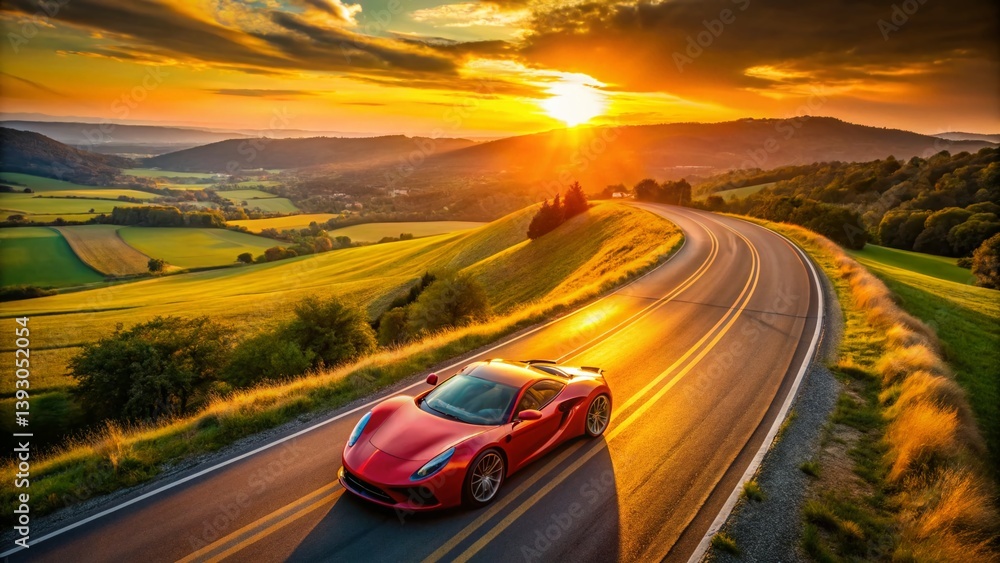 Naklejka premium Aerial View Luxury Sports Car Asphalt Road Sunset Golden Hour Photography